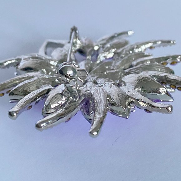 Purple Rhinestones Flower Large Crystal Floral Brooch Silver Tone 2.5in - Picture 8 of 11
